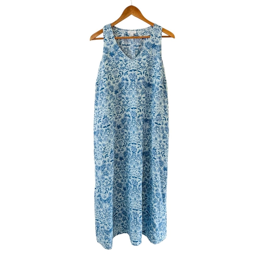 J. Jill Love Linen Floral Maxi Dress Womens M Blue V Neck Pockets Beach Coastal